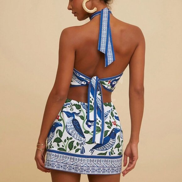 Blue And White Boho Women's Vacation Chiffon Backless Tie Strap Mini Dress - Picture 2 of 6